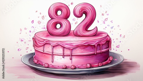 Illustration of decorated pink cake for birthday or anniversary party. Number 82, eighty-second birthday celebration photo