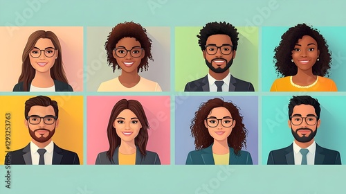 flat vector illustration of diverse multicultural avatars of men and women, representing a happy, inclusive community. characters in professional business attire, inclusion.