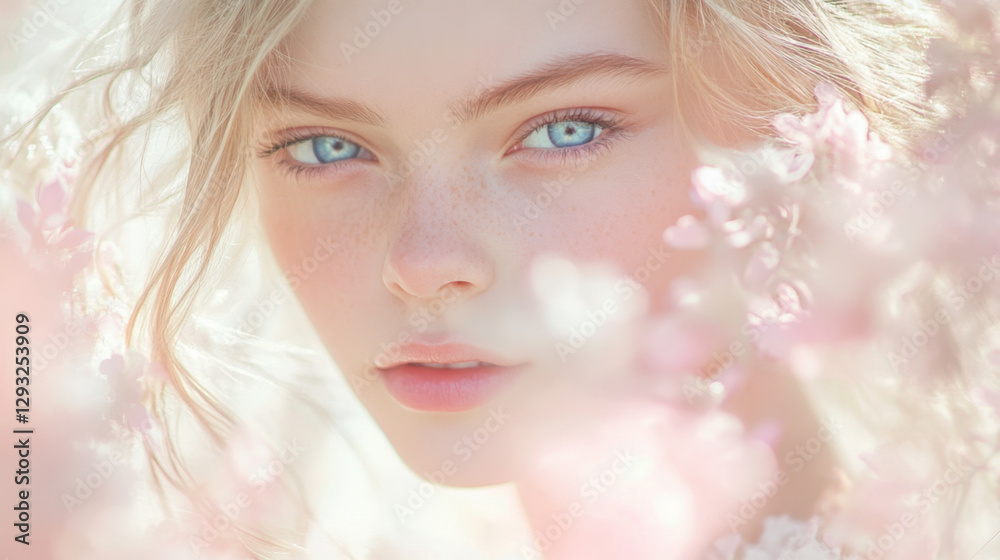 Serene Portrait of a Young Woman Amid Blooming Flowers Serene Portrait of a Young Woman Amid Blooming Flowers