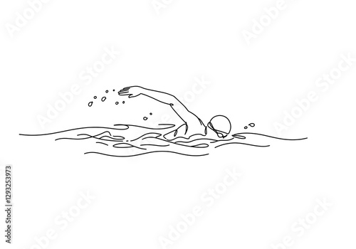 Swimmer Practicing Freestyle Stroke in Water Outline Art on White