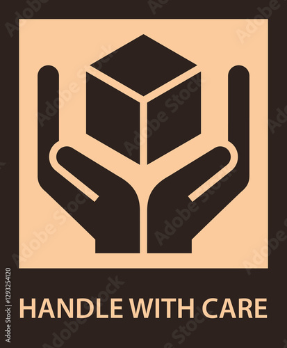 Handle with care sign. Fragile symbol on cardboard. Package icon sticker.
