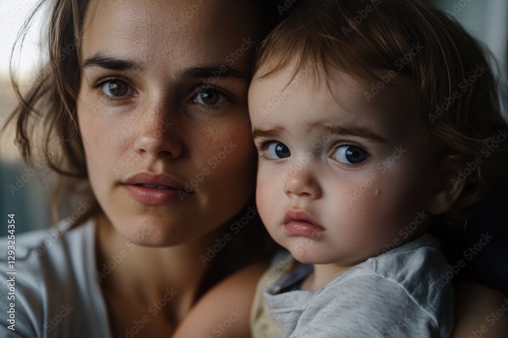Young mother with child in pediatrician's office, anxious look . Young mother with child in pediatrician's office, anxious look .