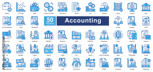 Accounting icon set in Blue Color style, featuring 50 icons of finance, auditing, bookkeeping, and investment. Perfect for financial reports, business analysis, and corporate presentations.