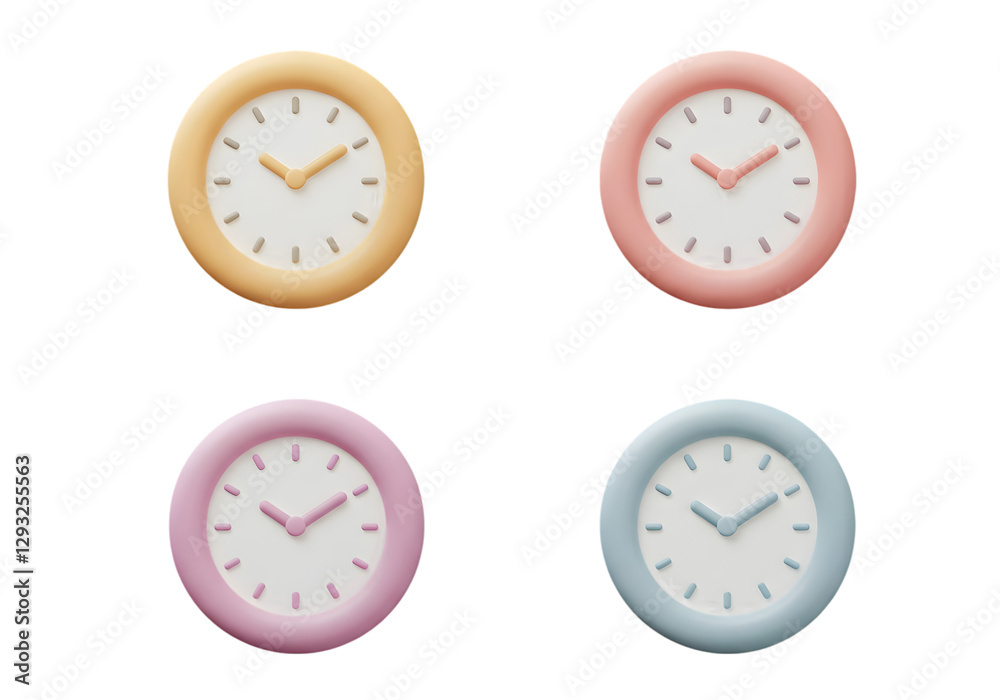 Colorful Round Clocks Showing Different Times Against Black Background Colorful Round Clocks Showing Different Times Against Black Background