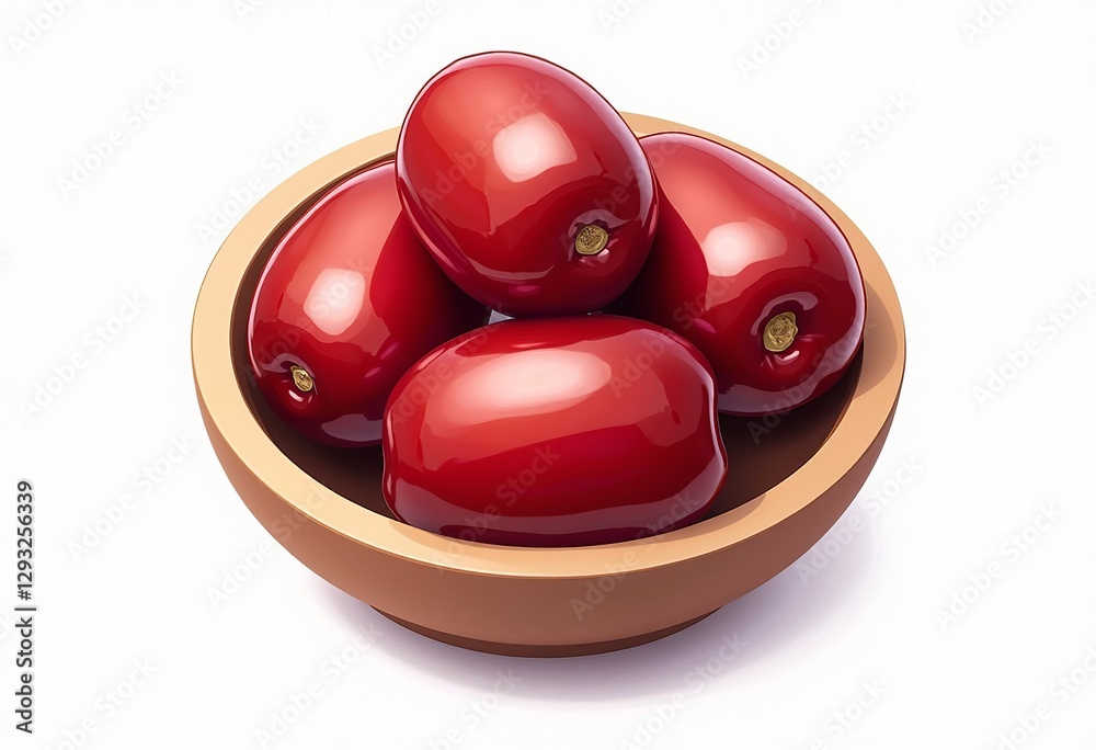 Enjoy the simplicity of this illustration-style image featuring red dates in a small bowl, captured from a top-view perspective and isolated against a pure white background with clean margins, perfect Enjoy the simplicity of this illustration-style image featuring red dates in a small bowl, captured from a top-view perspective and isolated against a pure white background with clean margins, perfect
