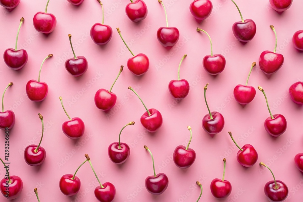 Pastel Pink Minimalist Flat Lay of Cherries: Summer Fruit Pattern Pastel Pink Minimalist Flat Lay of Cherries: Summer Fruit Pattern