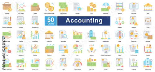 Accounting icon set in Flat Color style, featuring 50 icons of finance, auditing, bookkeeping, and investment. Perfect for financial reports, business analysis, and corporate presentations.