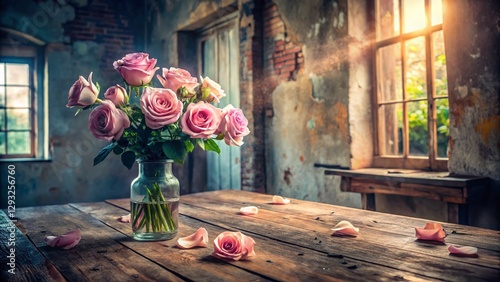 Pastel Pink Roses in Vase on Empty Table - High-Resolution Food Photography Style
