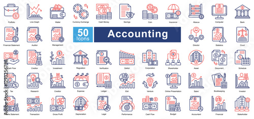 Accounting icon set in Dual Tone style, featuring 50 icons of finance, auditing, bookkeeping, and investment. Perfect for financial reports, business analysis, and corporate presentations.
