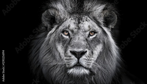 African Male Lion with Black and White Stripes, Powerful and Majestic, Sporting Vivid Green Eyes in a Savannah Sunset, Capturing the Emotional Intensity of African Wildlife photo