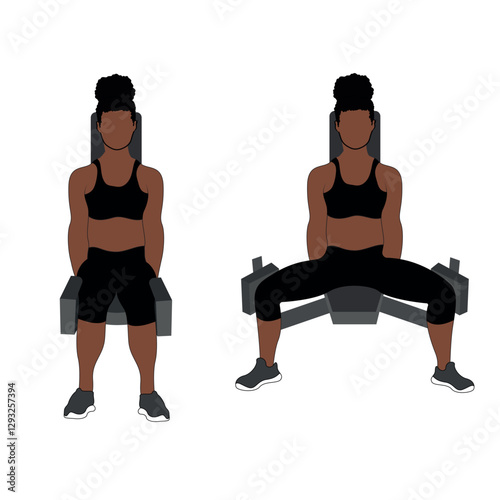A Black African woman in black clothing doing hip adductors exercise. Flat vector illustration isolated on white background	