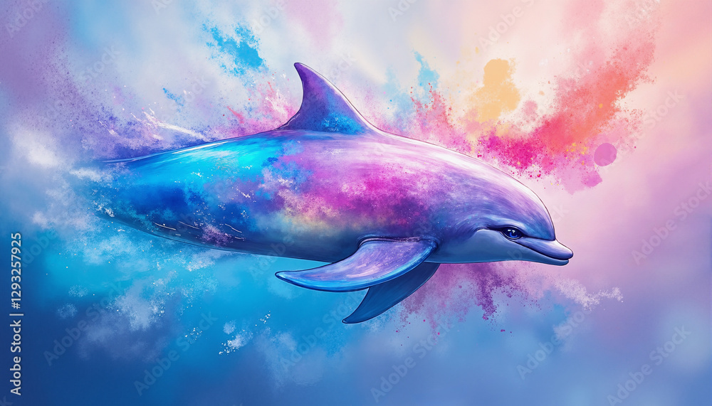 Fototapeta premium A colorful dolphin is flying through the air with a splash of paint behind it. The image is vibrant and full of energy, conveying a sense of freedom and joy