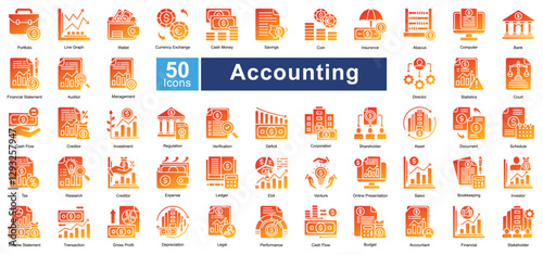 Accounting icon set in Glyph Gradient style, featuring 50 icons of finance, auditing, bookkeeping, and investment. Perfect for financial reports, business analysis, and corporate presentations.