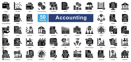 Accounting icon set in Glyph style, featuring 50 icons of finance, auditing, bookkeeping, and investment. Perfect for financial reports, business analysis, and corporate presentations.