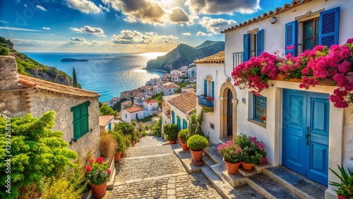 Picturesque Mediterranean Village: White Houses, Blue Doors, Floral Streets, Sea View -  Perfect PC/Laptop Wallpaper
