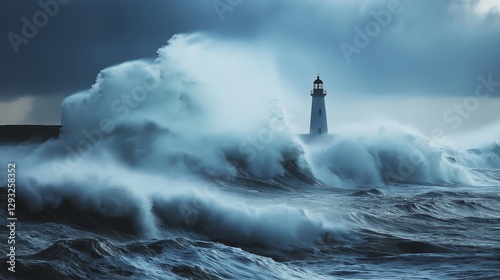A lone lighthouse standing against enormous storm waves. 