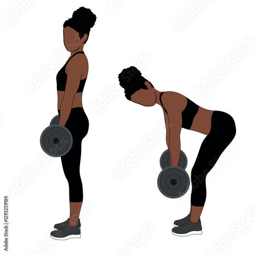 A Black African woman in black clothing doing deadlifts with barbell exercise. Flat vector illustration isolated on white background	
