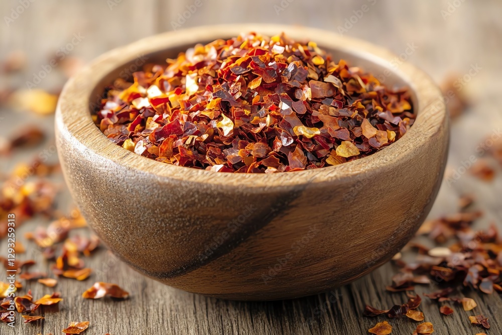 Chili Flakes in Wooden Bowl on Wood Background for Spicy Food Chili Flakes in Wooden Bowl on Wood Background for Spicy Food