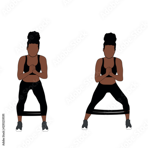 A Black African woman in black clothing doing banded side walk exercise. Flat vector illustration isolated on white background	