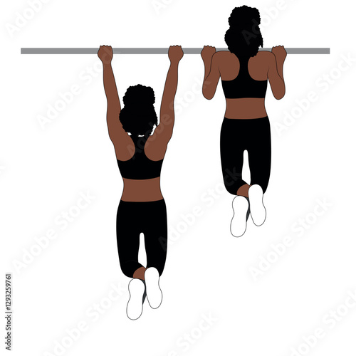 A Black African woman in black clothing doing back pull ups exercise . Flat vector illustration isolated on white background	