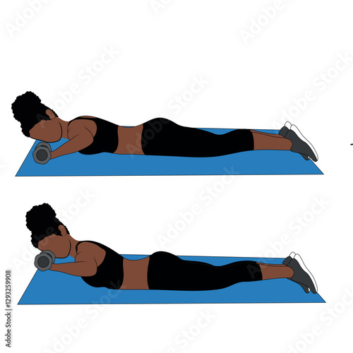 A Black African woman in black clothing doing lying down back extensions with dumbbells exercise . Flat vector illustration isolated on white background	