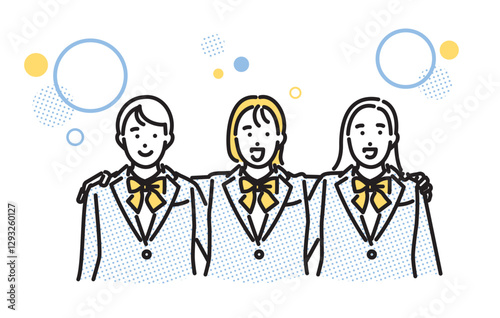 シンプル　イラスト　笑顔で友人と肩を組む女子高生達