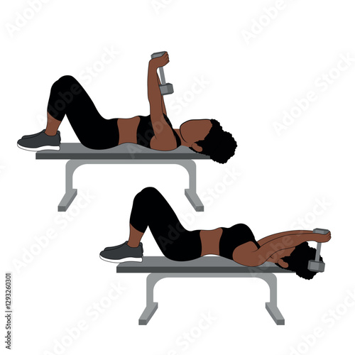 A Black African woman in black clothing doing back pullovers with dumbbells exercise . Flat vector illustration isolated on white background	