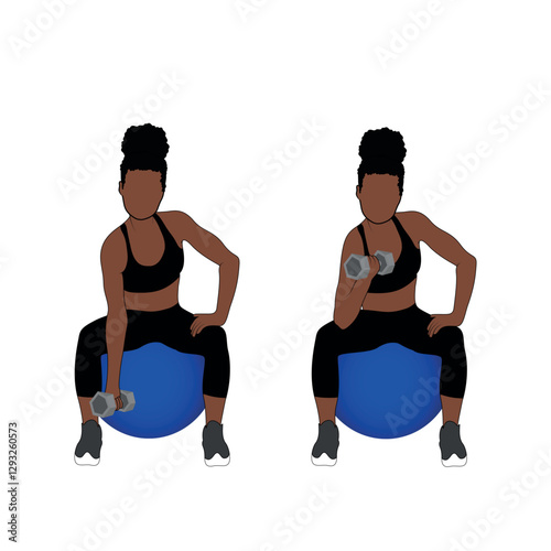 A Black African woman in black clothing doing concentration curls with dumbbells exercise . Flat vector illustration isolated on white background	