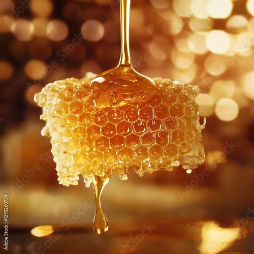 Honey Dripping from Honeycomb with Soft Background Bokeh Light