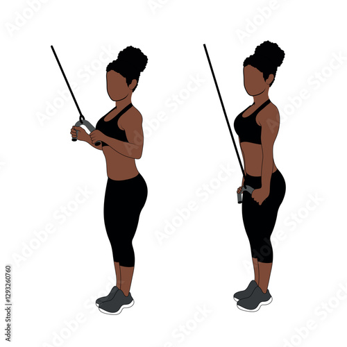 A Black African woman in black clothing doing cable triceps push downs exercise . Flat vector illustration isolated on white background	