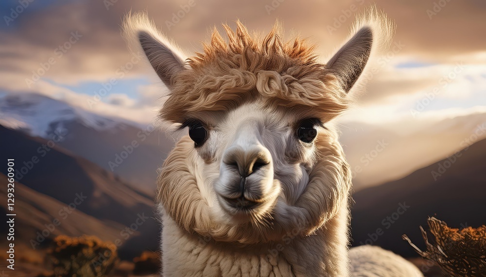 Obraz premium Andean Majesty Alpaca Standing against the Backdrop of a SunsetStreaked Sky, with Brown Fur Glowing Under the Soft Light in the Highland Plateau, Showcasing the Timeless Beauty and Grace of this