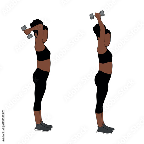 A Black African woman in black clothing doing dumbbell skull crushers exercise . Flat vector illustration isolated on white background	