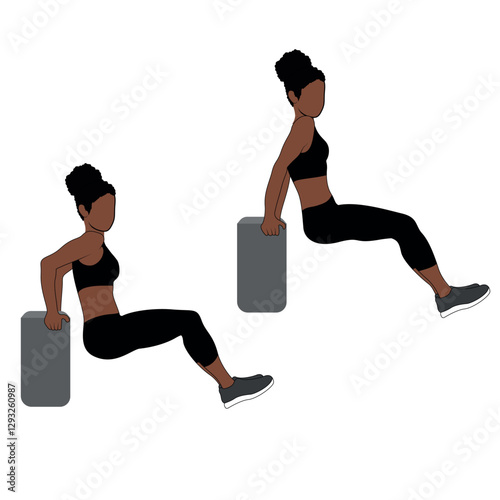 A Black African woman in black clothing doing tricep dips exercise . Flat vector illustration isolated on white background	