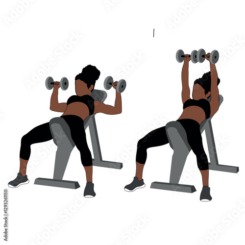 A Black African woman in black clothing doing incline dumbbell chest press exercise . Flat vector illustration isolated on white background	