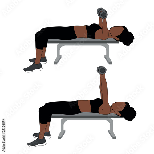 A Black African woman in black clothing doing dumbbell chest press exercise . Flat vector illustration isolated on white background	