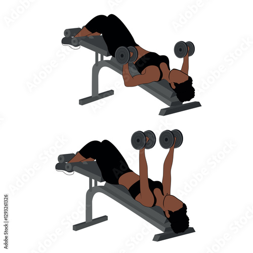 A Black African woman in black clothing doing decline dumbbell chest press exercise . Flat vector illustration isolated on white background	