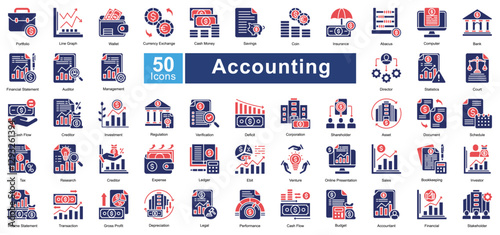Accounting icon set in Mixed style, featuring 50 icons of finance, auditing, bookkeeping, and investment. Perfect for financial reports, business analysis, and corporate presentations.
