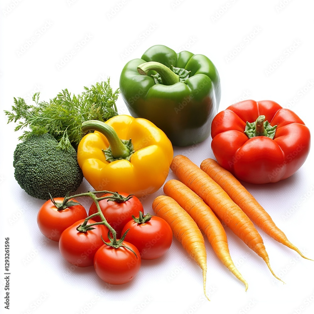 Assorted fresh vegetables including bell peppers, carrots, and tomatoes, isolated on a transparency background isolated on white background  