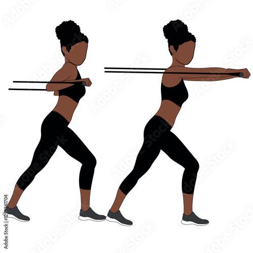 A Black African woman in black clothing doing cable chest fly exercise . Flat vector illustration isolated on white background	