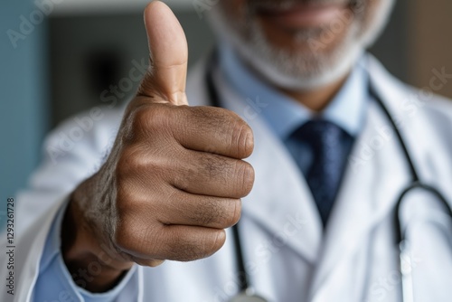 Happy patient shows thumbs up after medical examination . 