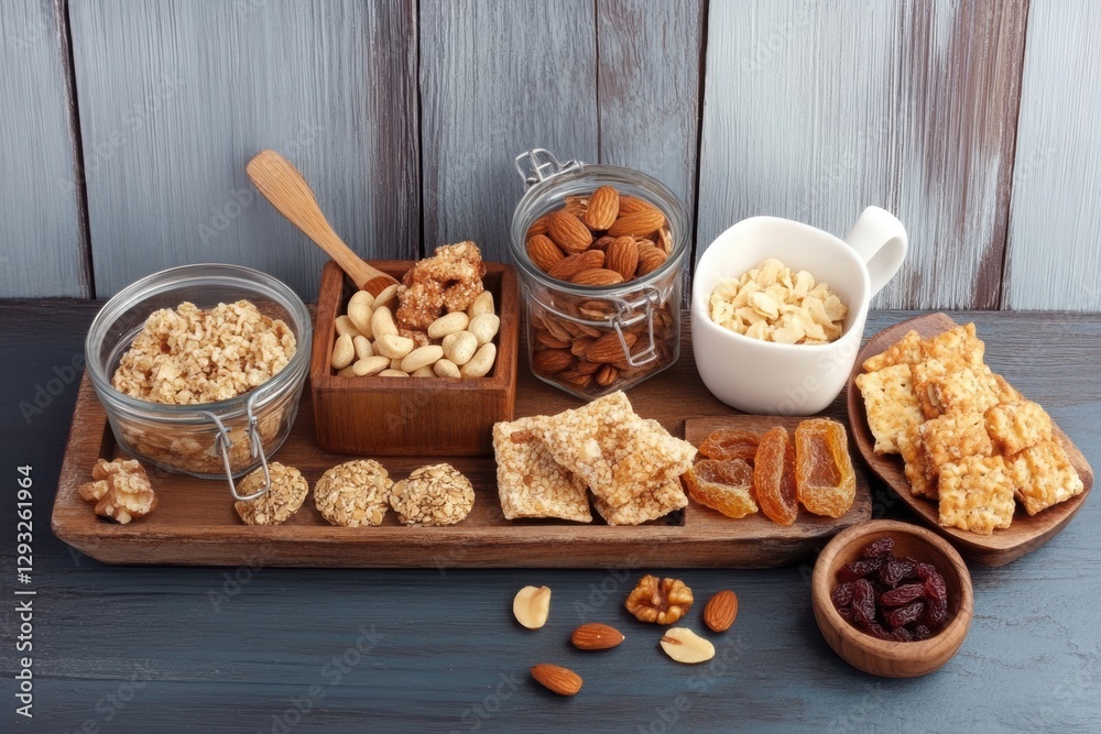 Fototapeta premium A selection of healthy snacks: nuts, dried fruits, seeds .