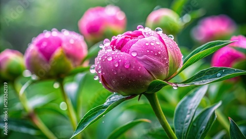 Pink Peony Buds, Rain Drops, Lush Garden, Minimalist Photography