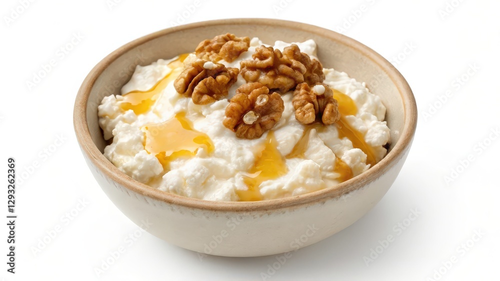 Healthy snack options protein-rich concept. A bowl of creamy cottage cheese topped with walnuts and a drizzle of honey. Healthy snack options protein-rich concept. A bowl of creamy cottage cheese topped with walnuts and a drizzle of honey.