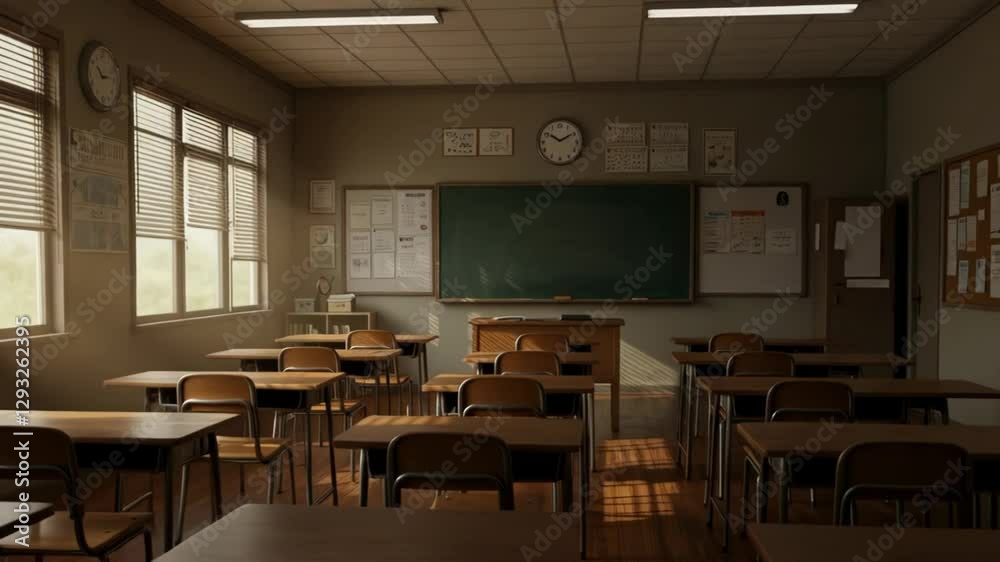 Empty classroom with wooden desks and chairs, blackboard and educational posters in a well-lit school interior. Empty classroom with wooden desks and chairs, blackboard and educational posters in a well-lit school interior.