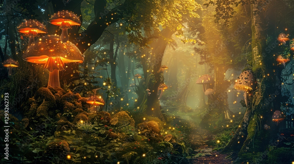 Obraz premium Magical Forest with Glowing Mushrooms and Fairy Lights at Twilight