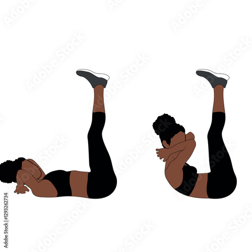 A Black African woman in black clothing doing raised leg crunches exercise. Flat vector illustration isolated on white background
