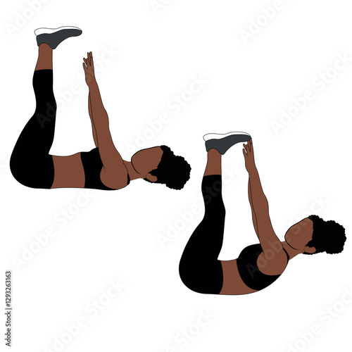 A Black African woman in black clothing doing raised leg crunches exercise. Flat vector illustration isolated on white background