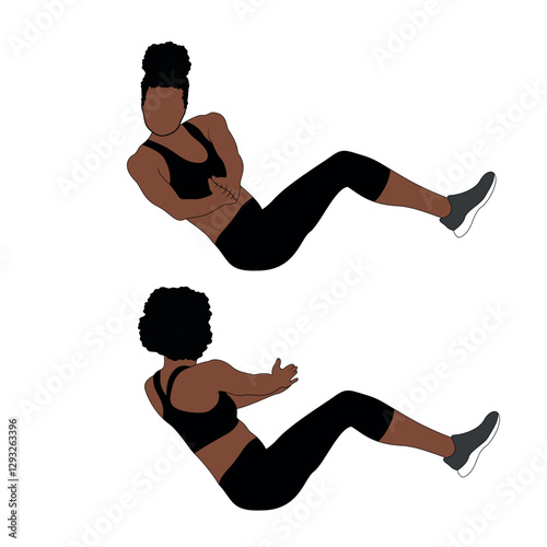 A Black African woman in black clothing doing Russian twists exercise. Flat vector illustration isolated on white background