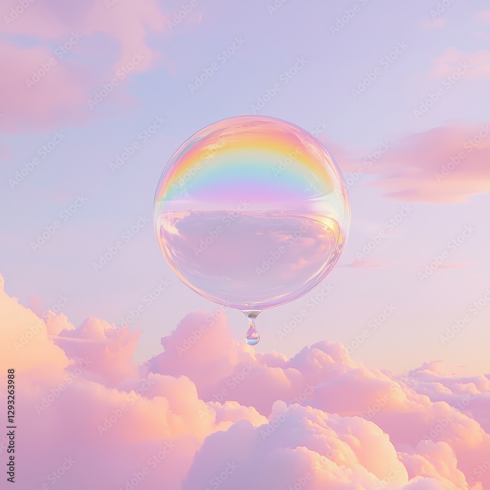 Colorful Bubble with Rainbow Reflection Above Soft Pink Clouds Colorful Bubble with Rainbow Reflection Above Soft Pink Clouds