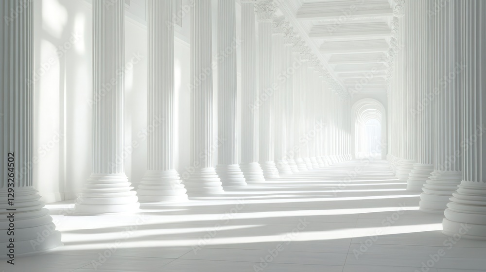 Obraz premium White Columns Hallway, Sunlight, Perspective, Architectural Interior, Ideal for Presentation